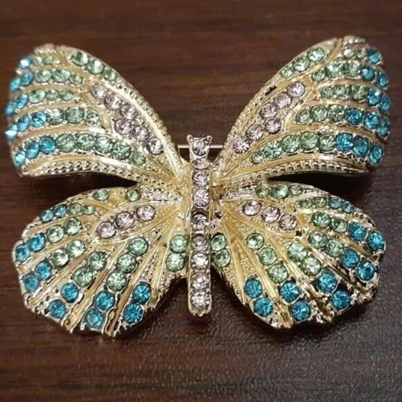 Monet Butterfly Brooch Pin-Aqua Crystals on Gold Tone - Picture 1 of 3